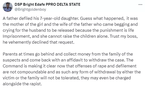 ?I can?t raise the children alone?  Woman asks Delta police command to release her husband who raped their seven year old daughter