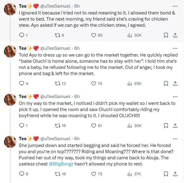'I shouted Oluchi!!' - Lady calls out boyfriend as she narrates how she caught him cheating with her bestie