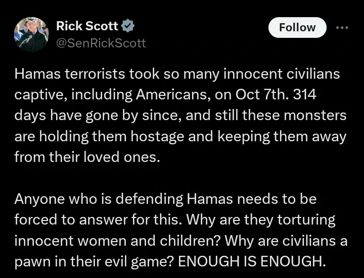 Enough is Enough, Why Are Hamas Terrorists Torturing Innocent Women and Children? - Rick Scott