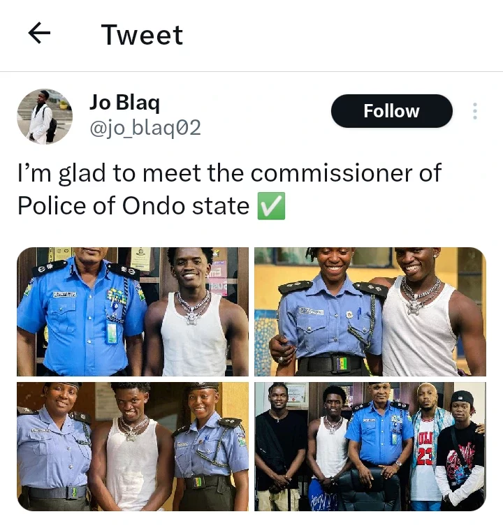 Fans react after seeing photo of a Nigerian content creator, Jo Blaq with a female officer in Ondo.