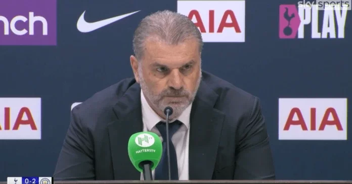 Ange Postecoglou reacts to Tottenham fans chanting about Arsenal during Man City defeat