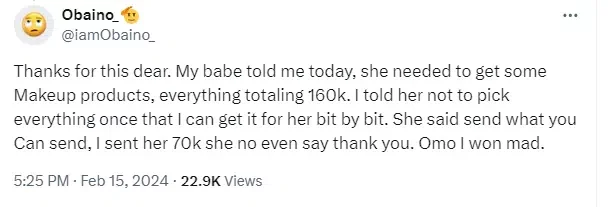 Man rants as he leaks chat with unappreciative girlfriend after sending her N70K out of N160K for makeup items