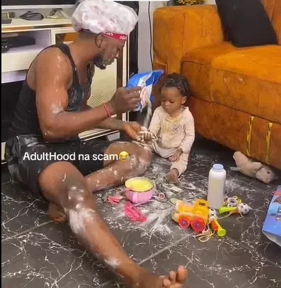 'Adulthood na scam' - Man playfully joins his baby to mess up house, pour milk on the floor