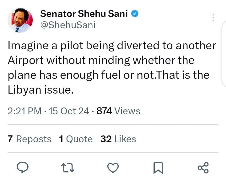 Shehu Sani Reacts After Pilot Stated Libyan Govt Diverted Aircraft to Al-Abraq That's 150 Miles Away