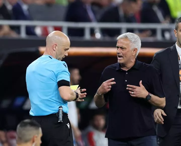 Anthony Taylor and Jose Mourinho were involved in heated conversations during and following the UEFA Europa League final - Imago
