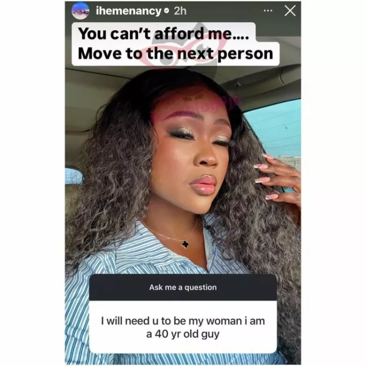 'You can't afford me' - Iheme Nancy berates 40-year-old admirer