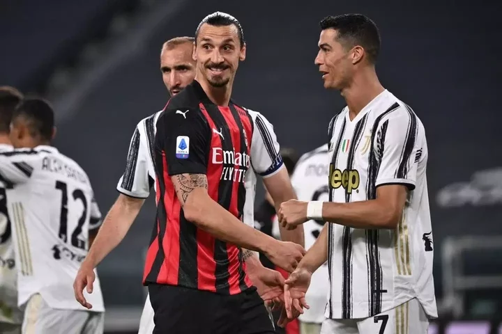 Zlatan Ibrahimovic and Cristiano Ronaldo pictured during a Serie A fixture between AC Milan and Juventus in 2021 (Image: Getty)