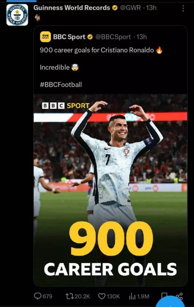 Guinness World Records Celebrates Ronaldo's 900th Career Goal with GOAT Comment