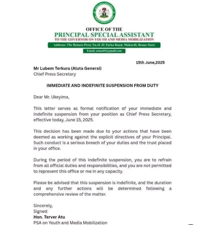 Benue Government Suspends Chief Press Secretary And Chief of Staff For Joining 'End Benue Genocide' Protest