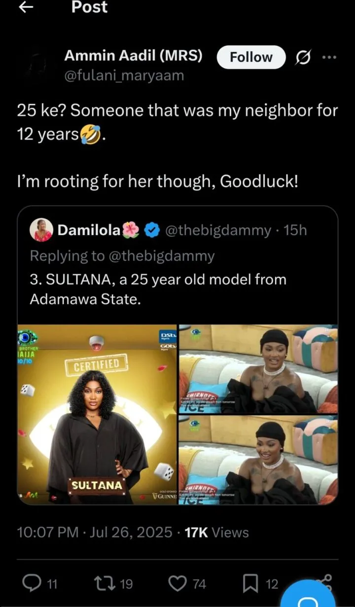 BBNaija S10: Alleged neighbor accuses Sultana of lying about her age