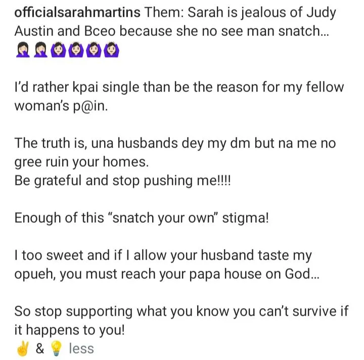 Sarah Martins fires back at critics over alleged jealousy of Judy Austin, Blessing CEO