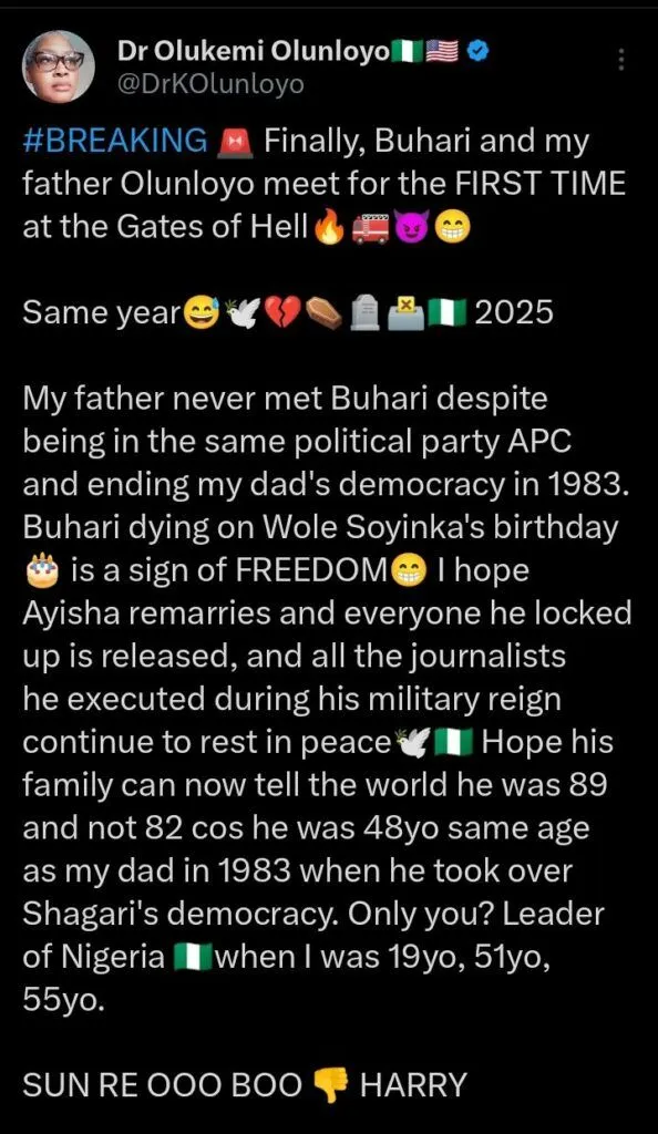 Kemi Olunloyo reacts to Muhammadu Buhari's passing