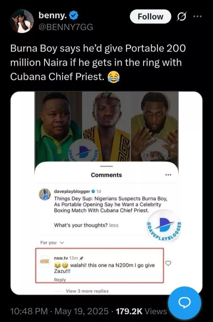 Burna Boy pledges N200M to Portable if he gets in boxing ring with Cubana Chief Priest