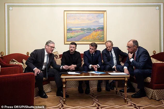 Prime Minister of the United Kingdom Keir Starmer, President of Ukraine Volodymyr Zelenskyy, President of France Emmanuel Macron, Prime Minister of Poland Donald Tusk, and Federal Chancellor of Germany Friedrich Merz are pictured during a conference call with US President Donald Trump in Kyiv, Ukraine, on Saturday, May 10, 2025, during a summit of the Coalition of the Willing