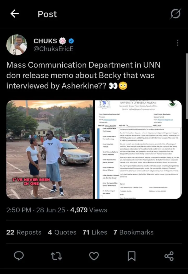 UNN discredits viral photo shared following Rebecca's outing with Asherkine