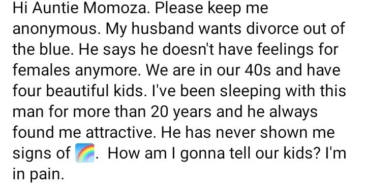 Wife in tears as husband 'no longer finds females attractive'