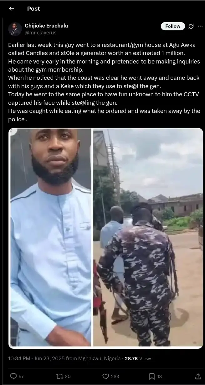 Man robs gym-restaurant of ₦1m generator, gets arrested after going back there to eat