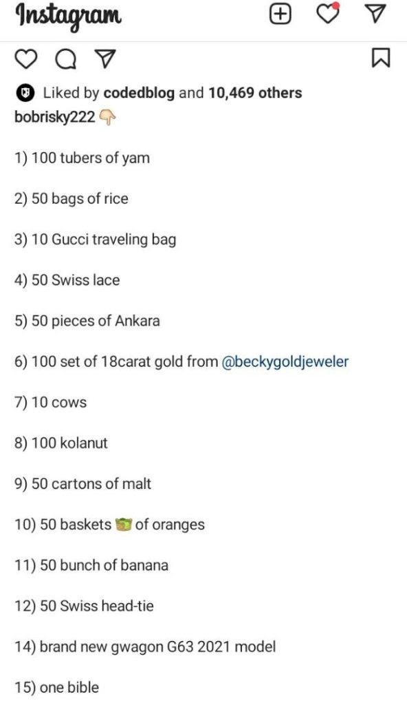 “10 cows; who die?” – Reactions as Bobrisky drops list of his bride price