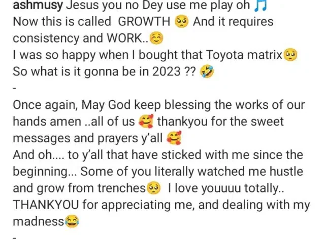 Ashmusy attributes achievements to consistency, hard work as she shares growth of her cars (Video)