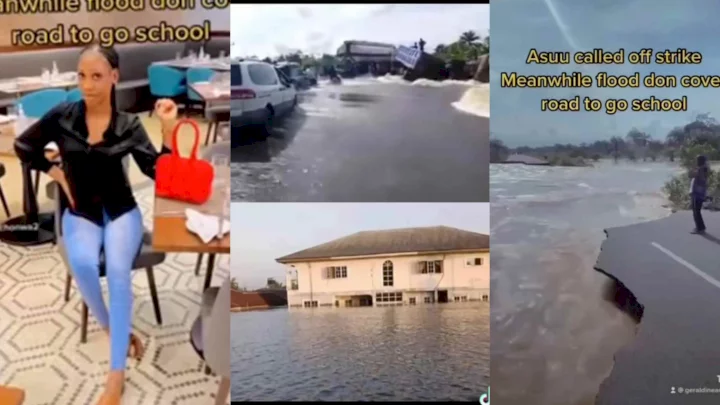 Student jubilates over inability to resume school as flood blocks road to her school (Video)