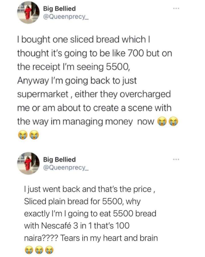 Woman laments after unknowingly buying loaf of bread for N5,500; Nigerians react