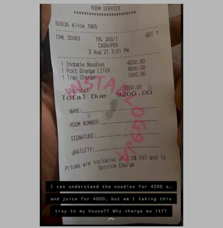 Man expresses shock as hotel charges him N1k for using their tray