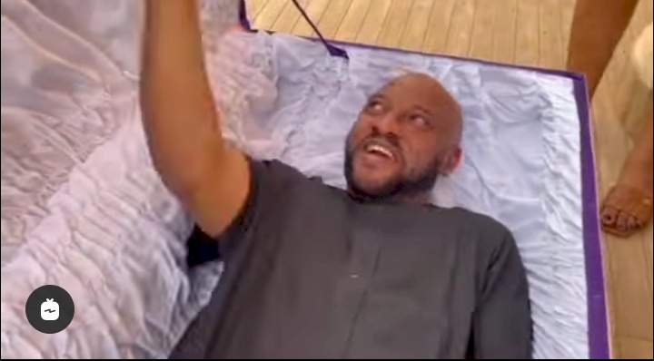 'I'm shooting a romance film' - Yul Edochie defends self as he lies inside a coffin shortly after FG banned money ritual movies (Video)