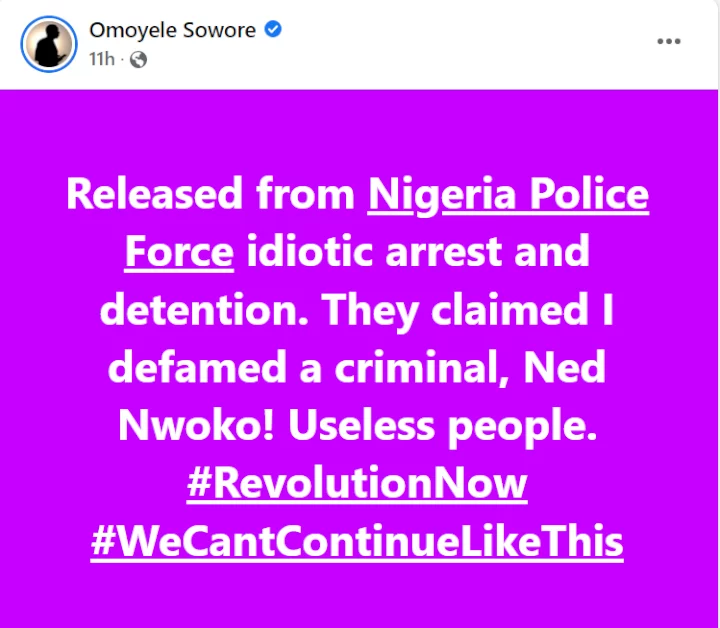 Omoyele Sowore reveals the police said he was arrested for defaming Regina Daniel