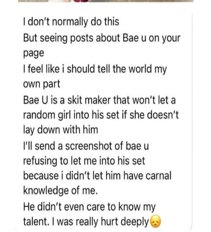 Isbae U called out for allegedly demanding to sleep with ladies as a condition to feature them in his skits