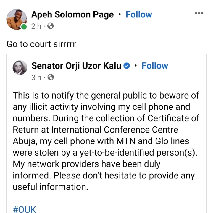 'Go to court sir'- Netizens react after Orji Uzor Kalu's phone was stolen during certificate of return presentation in Abuja