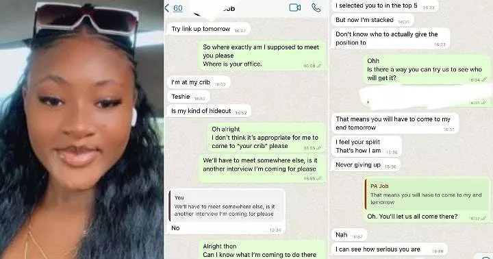 'This is really absurd' - Lady exposes chat with job hiring manager who asked her to come over to his crib