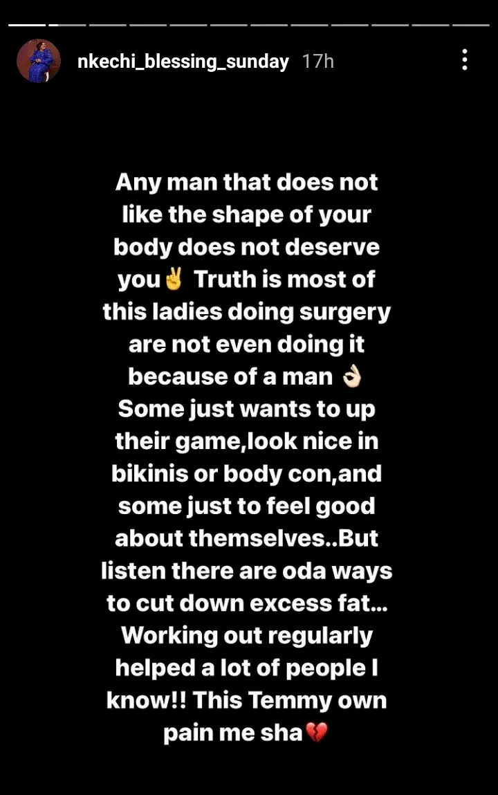 'Most ladies are not doing plastic surgery for men' - Nkechi Blessing says, reveals real reason women opt for BBL surgery