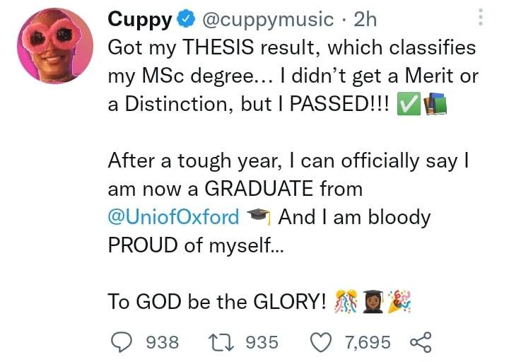 Cuppy jubilates as she graduates from Oxford University