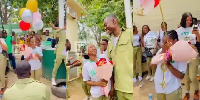 Youth corps member causes stir as he proposes to girlfriend at Abuja NYSC camp