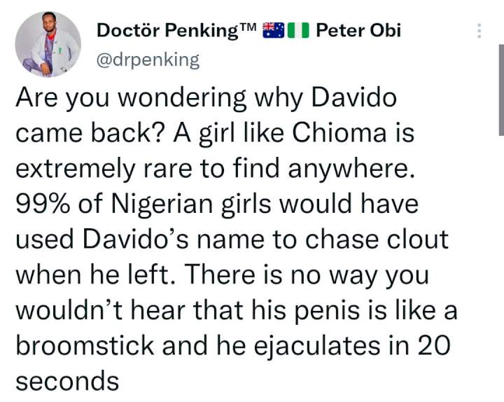 A girl like Chioma is extremely rare to find - Nigerian doctor writes on why singer, Davido, returned to Chioma