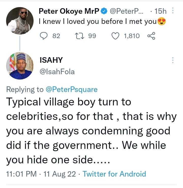 'Typical village boy turned celebrity' - Troll heavily blasts Peter Okoye, he responds