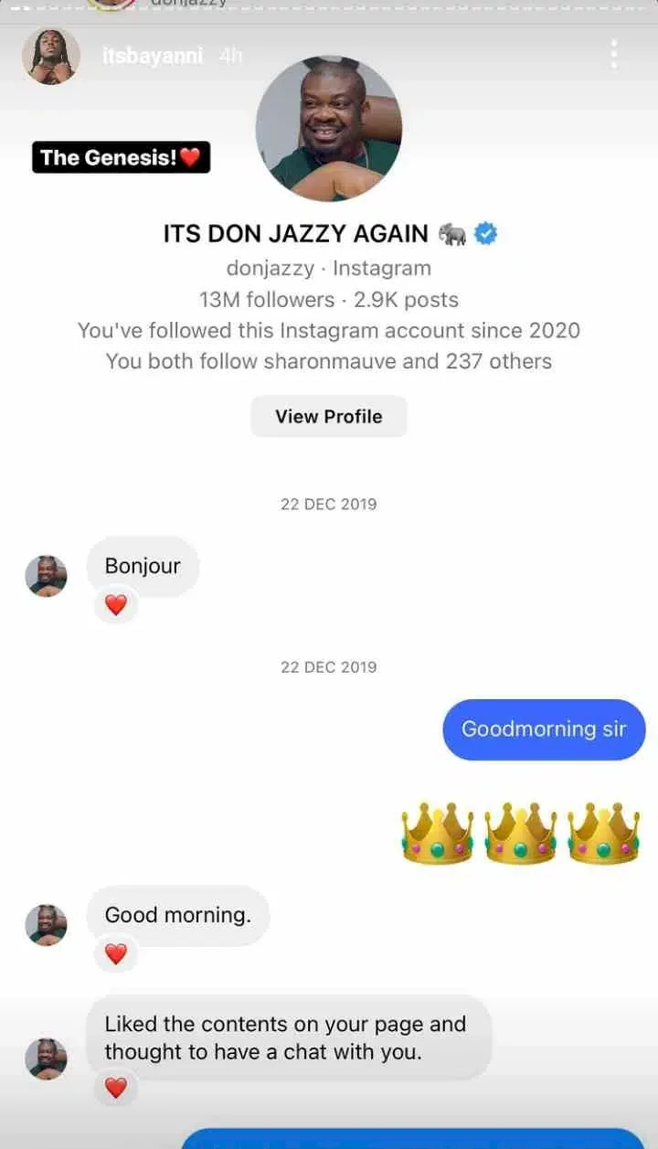 Don Jazzy's latest signee, Bayanni shares chat with producer