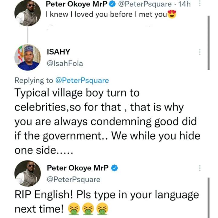 Between singer Peter Okoye and a troll