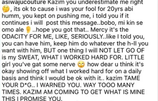 Keep him, do whatever you want with him but I will never let go of my sweat - Kazim Adeoti's first wife warns Mercy Aigbe and her husband again