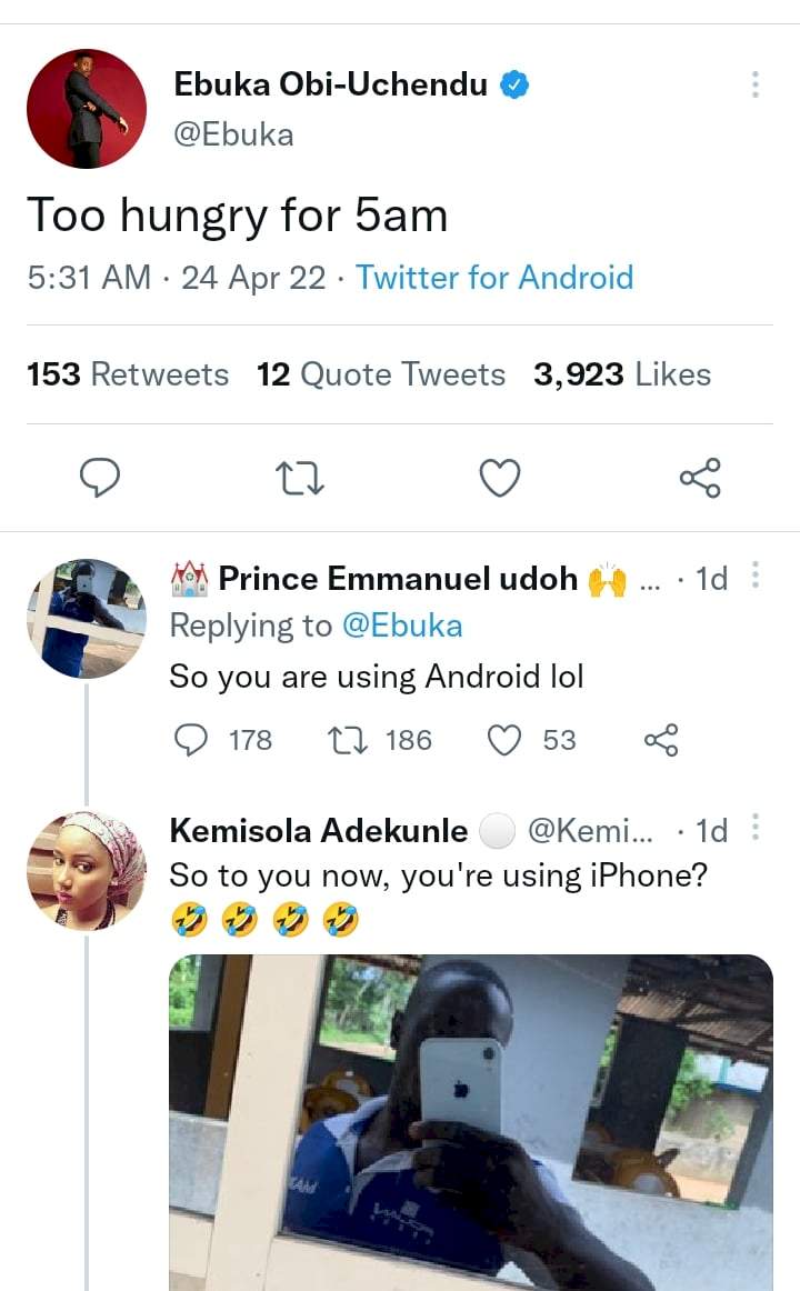 Ebuka reacts after IPhone user mocked him for using Android phone