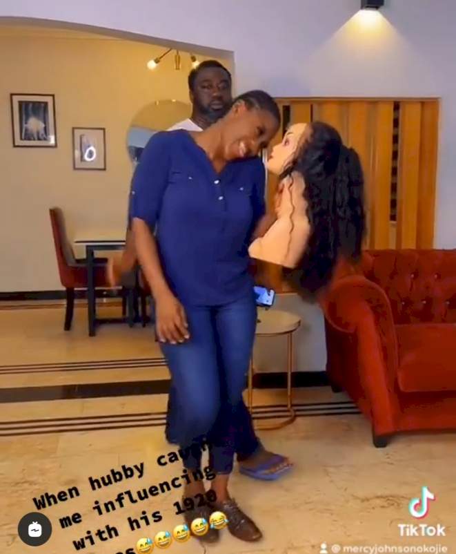 Mercy Johnson's husband reacts after bumping into wife wearing his 'expensive' shoe to make a video at home (Video)