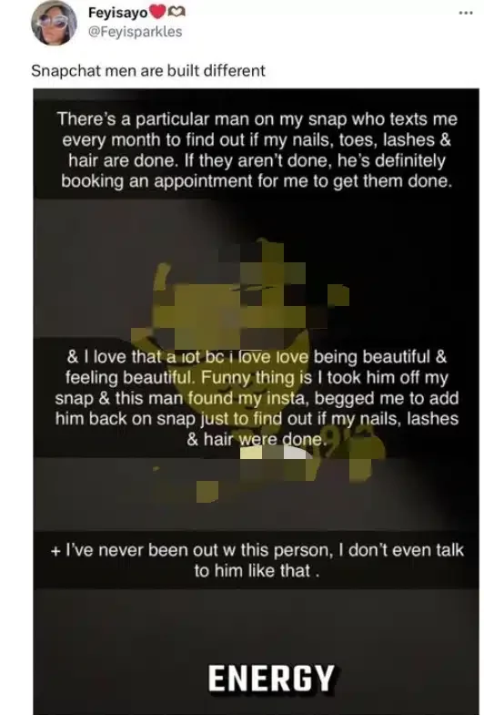 'There's a random guy on Snapchat that books monthly manicure and hair appointments for me for free' - Lady reveals