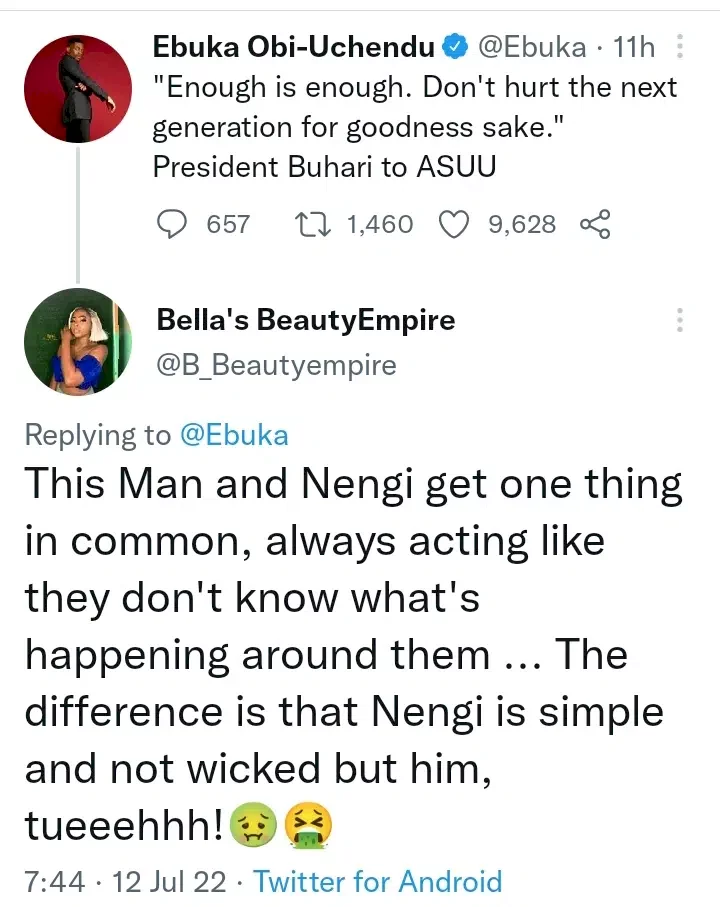 Twitter users call out Nengi for being a man user, claim she advises Buhari to be wicked; she responds