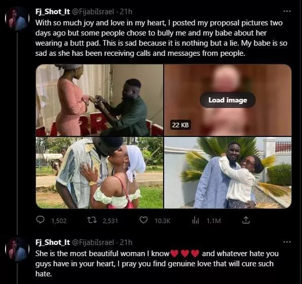 'My proposal picture was posted with love but my babe was bullied for wearing butt pad
