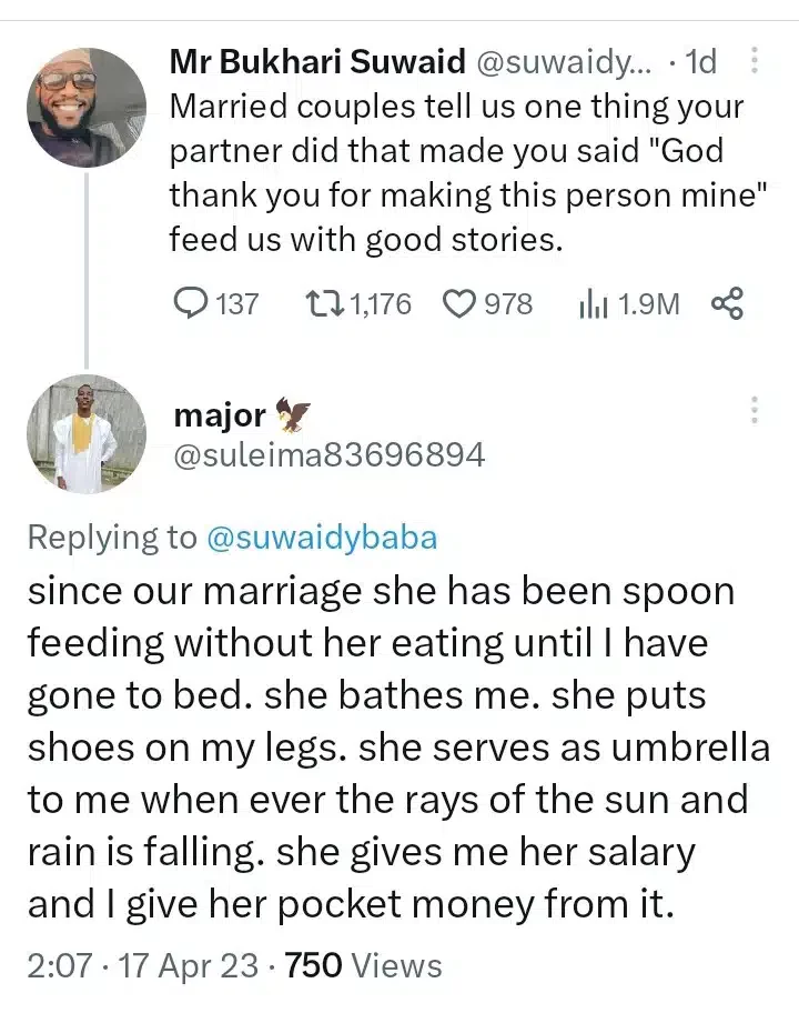 'She spoon feeds me, gives me her salary and I give her pocket money from it' - Man shares reasons he's thankful for his wife