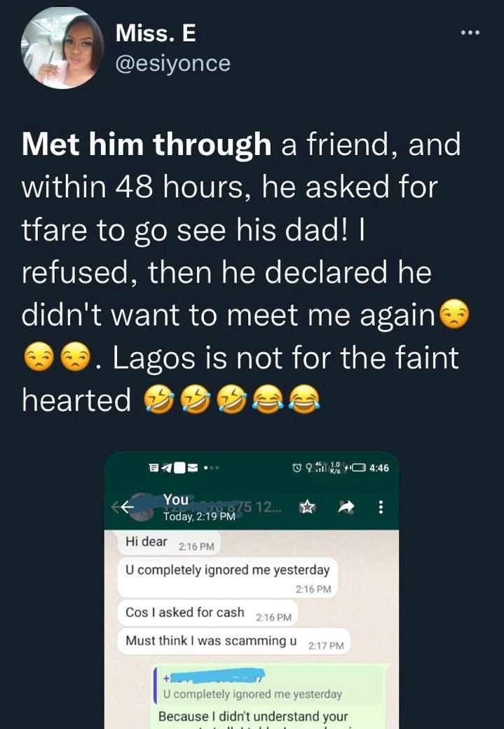 Man voids date with lady after she refused to help him with transport fare