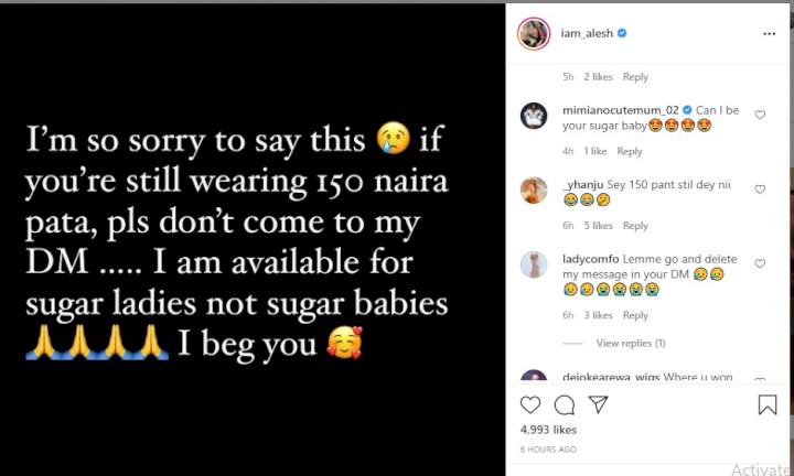 'Please, don't come to my DM if you still wear N150 pants' - Actor, Alesh Sanni warns broke ladies
