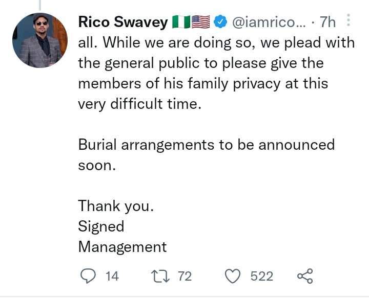 Rico Swavey's management set to announce burial plans, condemns false narratives surrounding his passing