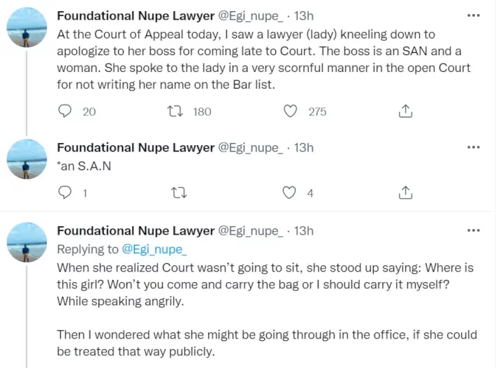 Nigerian Lawyer shocked to see his colleague kneel to apologize to her boss in court