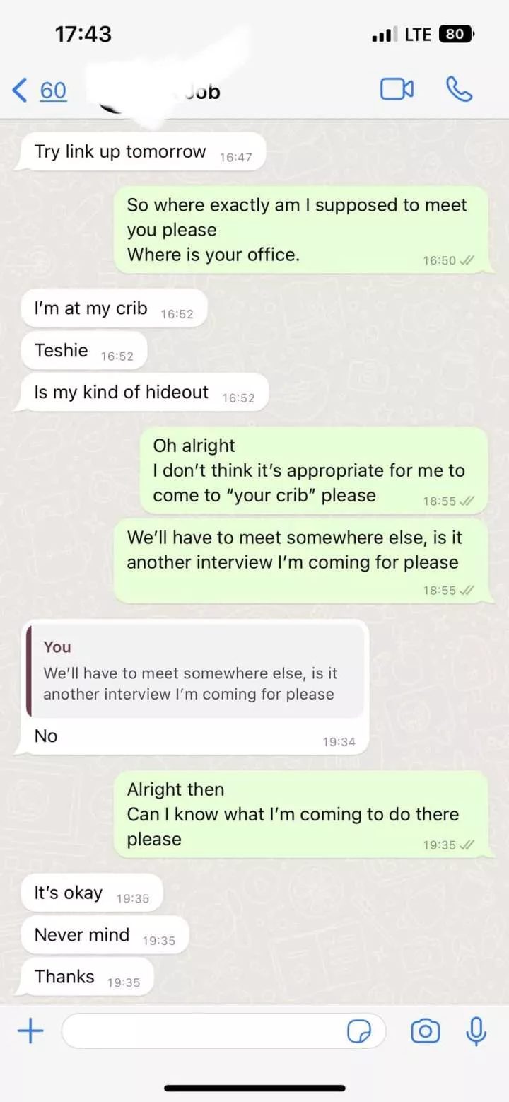 'This is really absurd' - Lady exposes chat with job hiring manager who asked her to come over to his crib